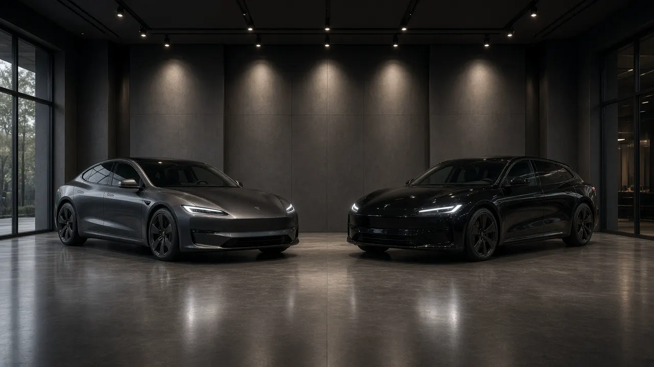 A row of light-colored electric cars in an indoor holding area, with a figure beside the far car