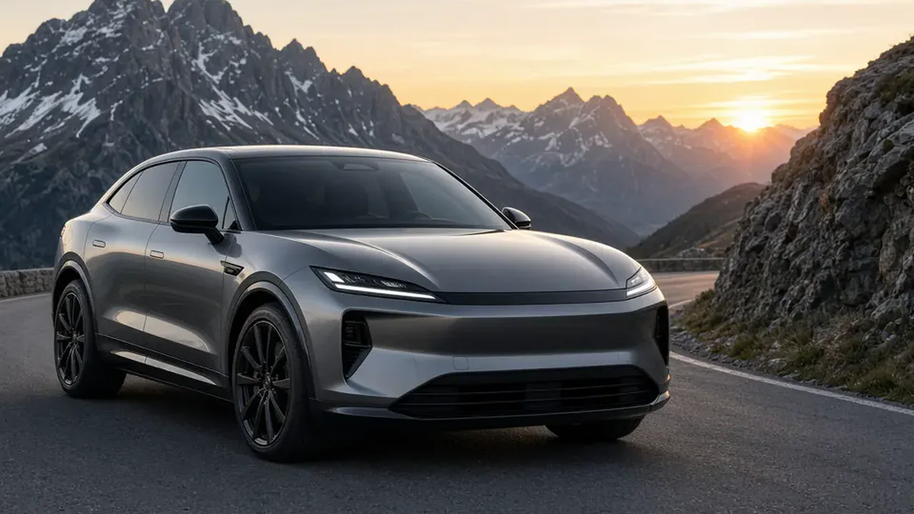 The front of a dark electric sport sedan on wet pavement at dusk, with no people in the frame