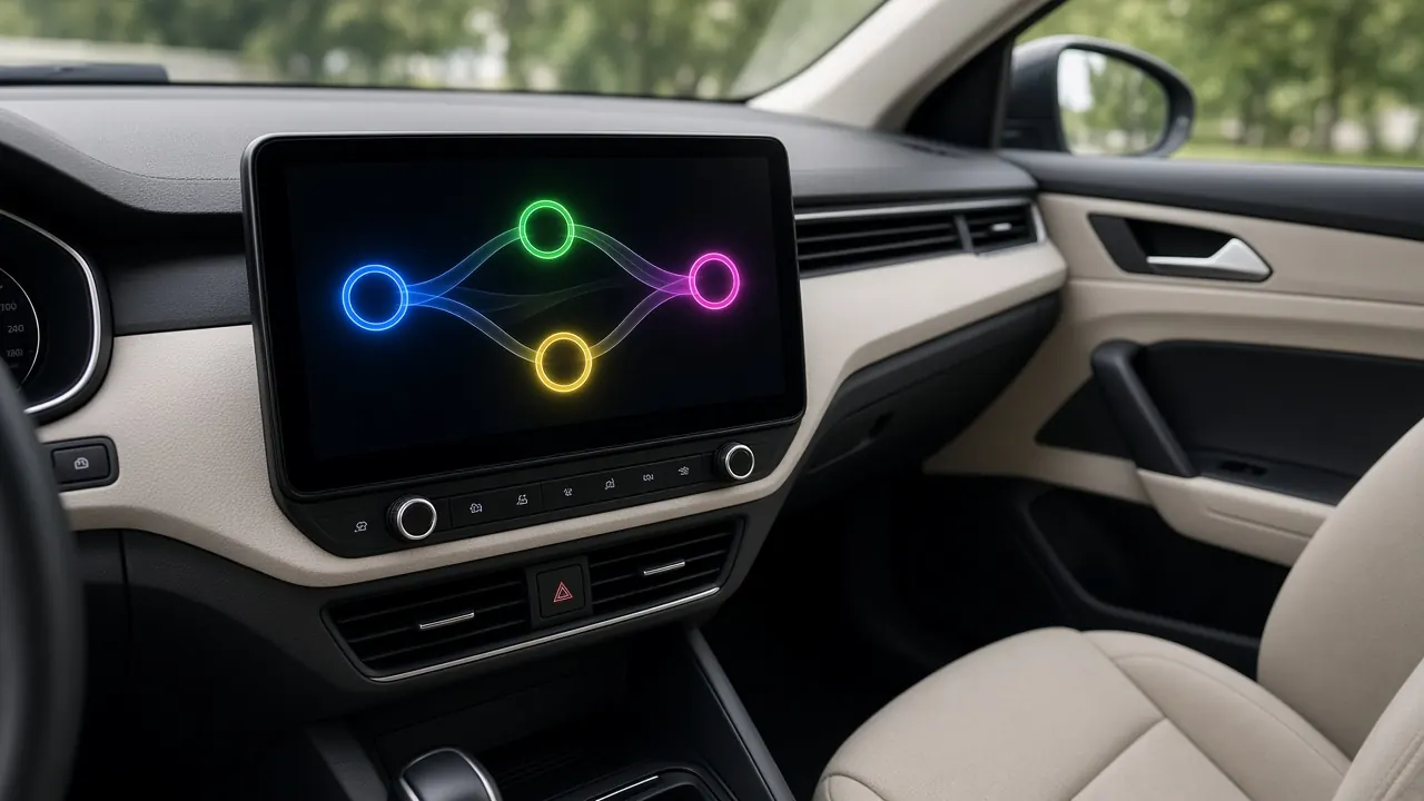 A car dashboard with a wide touchscreen showing abstract blue graphics, and empty front seats