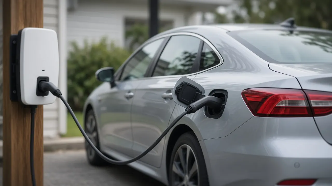 A silver sedan plugged into a wall-mounted charger beside a white garage door