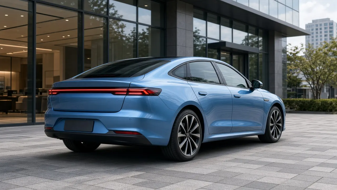 A light-blue fastback sedan parked outside a glass dealership at dusk, with no readable badges