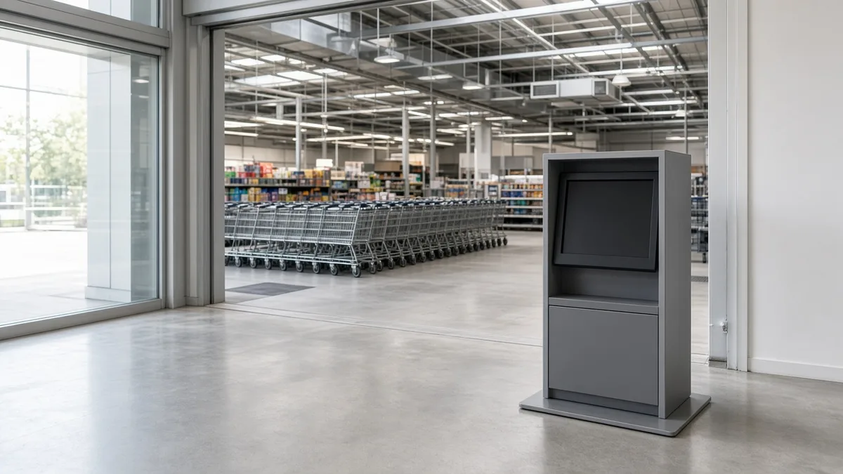 A grey sign-up kiosk with a blank screen standing inside the entrance of a large retail store, with rows of shopping carts behind and no people