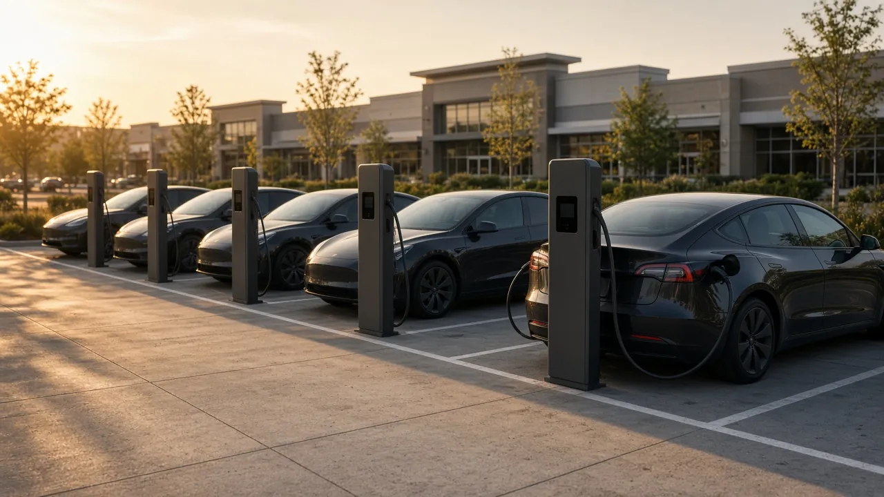 Several cars parked at chargers in a shopping-center lot, in daylight, with no readable badges