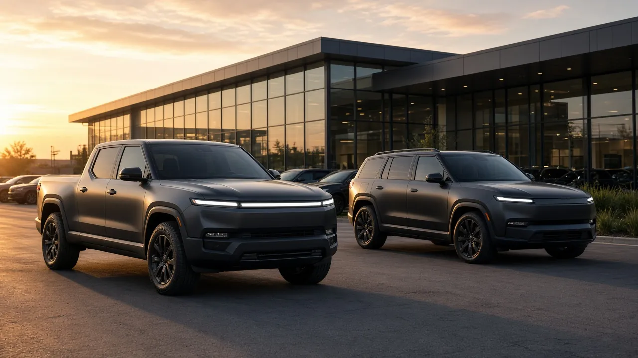A dark pickup and a dark sport-utility vehicle parked at a dealership in sunset light, with no readable badges