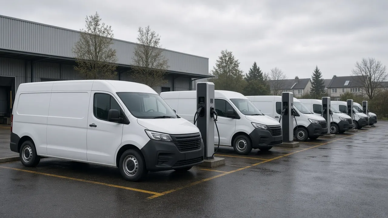 White delivery vans parked beside depot chargers, with no readable logos