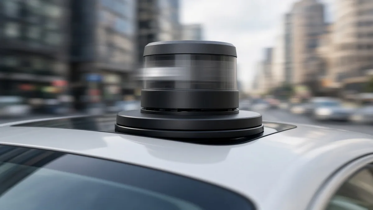 Close-up of a cylindrical lidar sensor mounted on the roof of a white car, with a blurred city street behind
