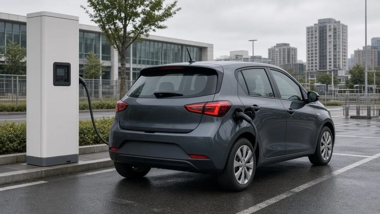 A white compact hatchback plugged into a tall fast charger under a canopy, with no people and no readable network branding
