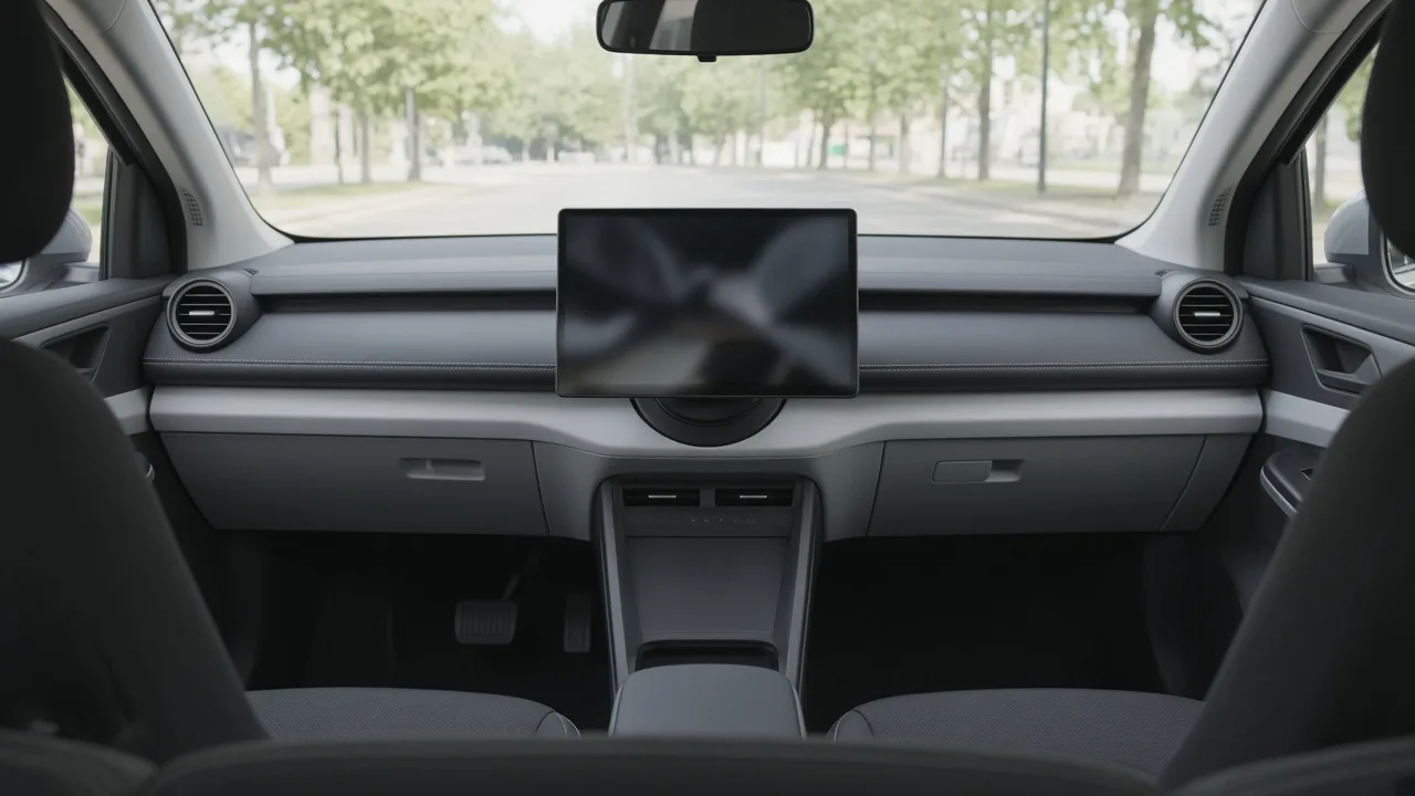 The front cabin of a small white car, with a wide dashboard screen, a simple steering wheel, and light seats, and no people in the frame