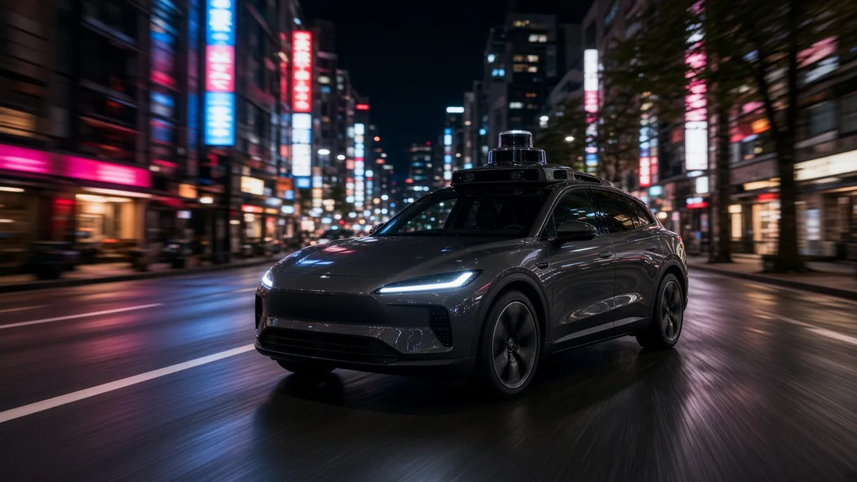 A dark self-driving sport-utility vehicle with a roof sensor array driving along a neon-lit city street at night, with no badges
