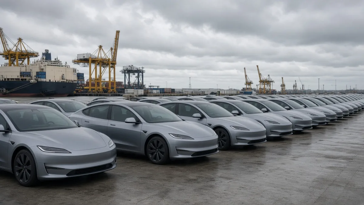 Rows of silver electric sedans parked at a port terminal under a grey sky, with harbour cranes and a cargo ship behind, and no badges