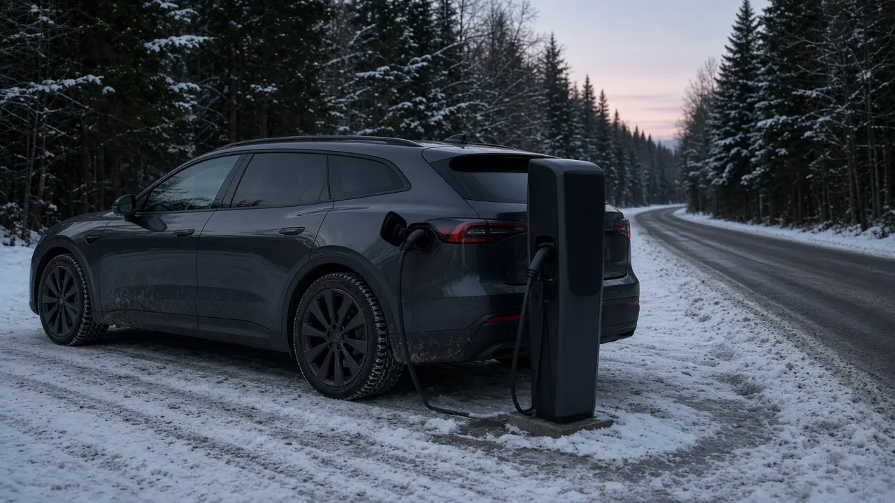 A dark estate car plugged into a charger beside a snowy forest road