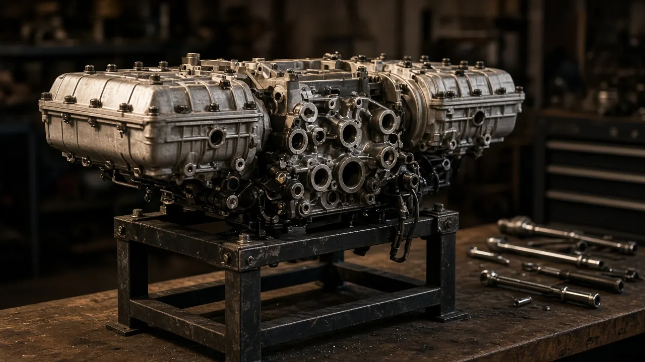 A flat-four engine block mounted on a stand in a workshop, with no readable nameplates