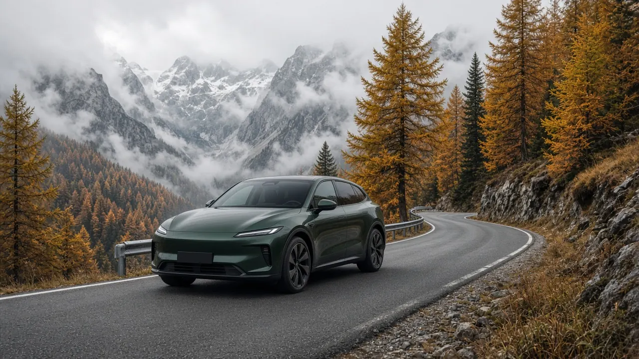 A dark green crossover on a wet mountain road in autumn, with red and gold trees and no readable badges