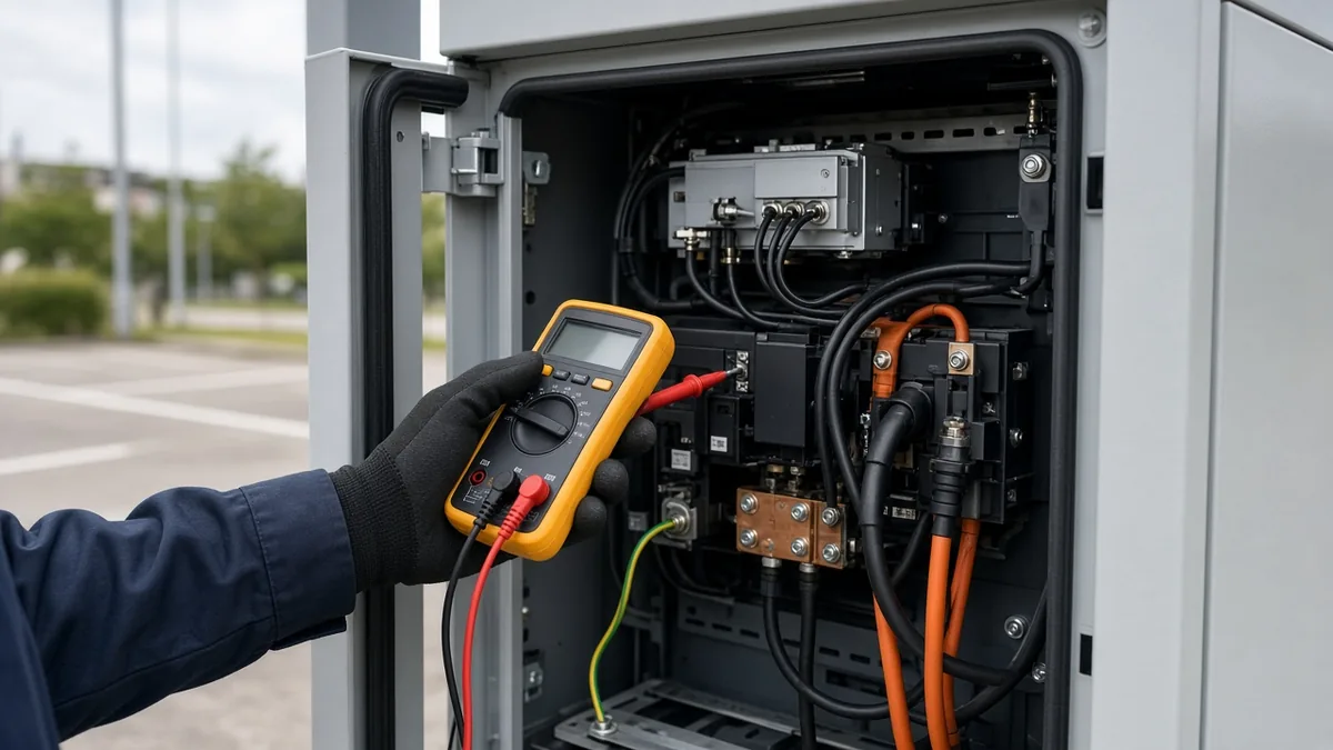 A gloved hand holding a multimeter to test wiring inside an open electric-vehicle charger cabinet in a parking lot