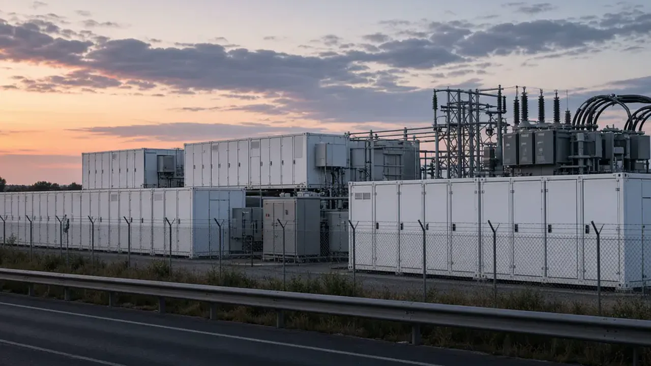 A closer view of white grid-scale battery cabinets in a warehouse row, with no people in the frame