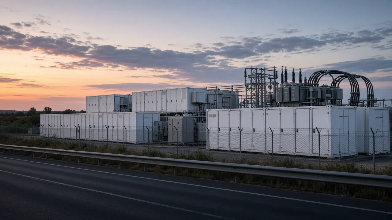 Rows of white grid-scale battery cabinets standing in a warehouse aisle, with no people in the frame