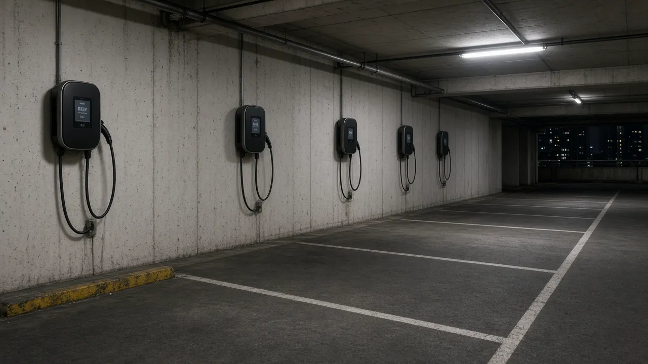 Wall-mounted chargers above empty bays in a residential car park at night, with no readable logos