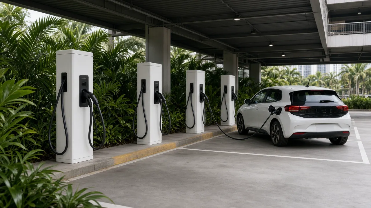 Four white fast-charging posts in a covered car park with tropical plants, one hatchback plugged in, and no readable logos