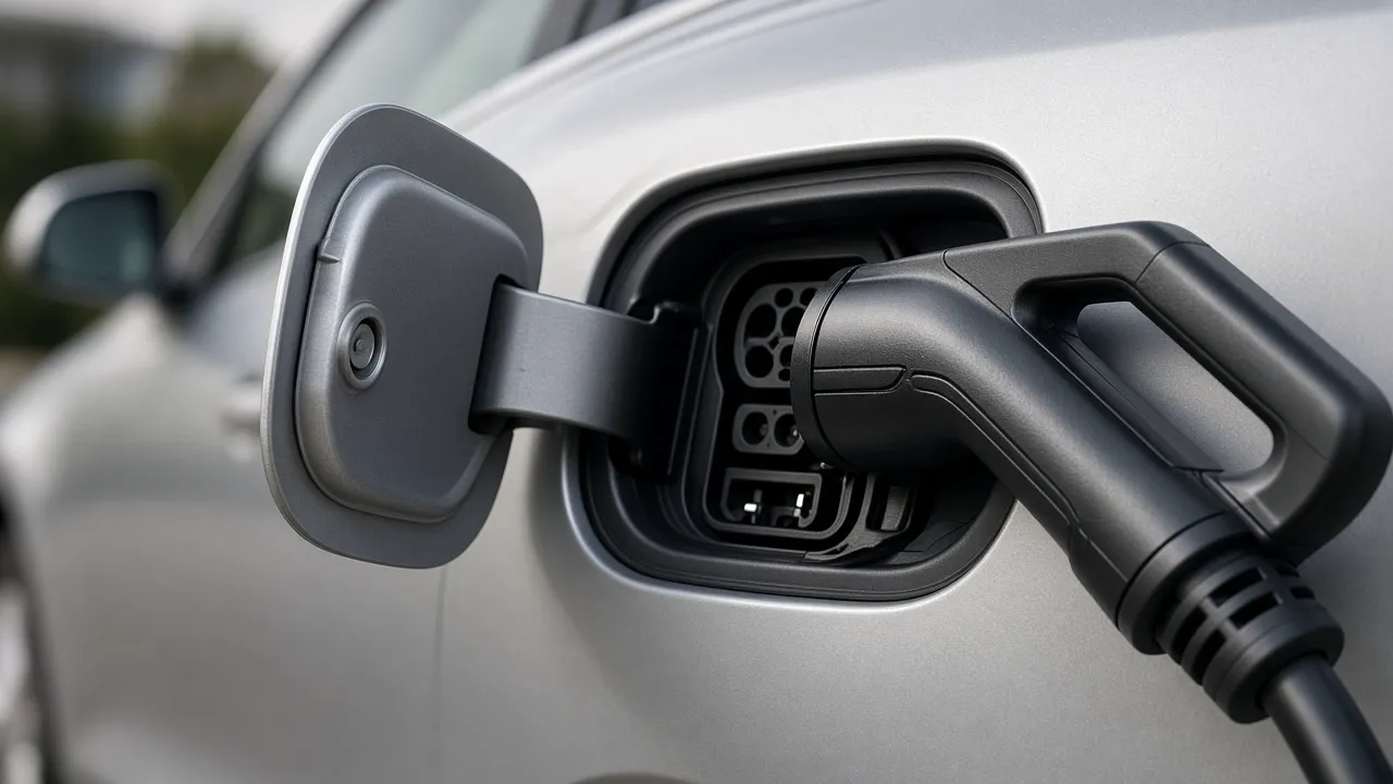 A close-up of a charging connector in a silver car's charge port, with no readable logos