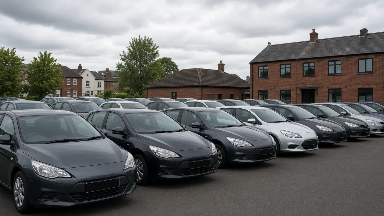 Rows of new unbadged cars on a dealership forecourt with brick buildings on an overcast day
