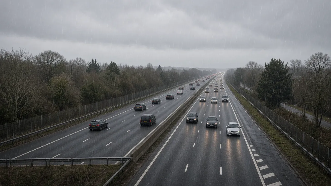 Traffic on a wet motorway under a grey sky, seen from a bridge