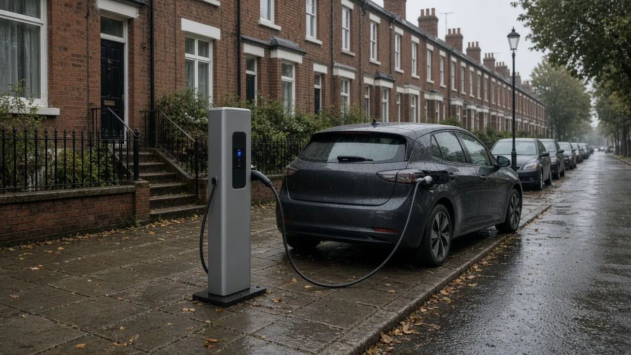 An on-street charging post on a wet terraced street with a hatchback plugged in, and no readable logos