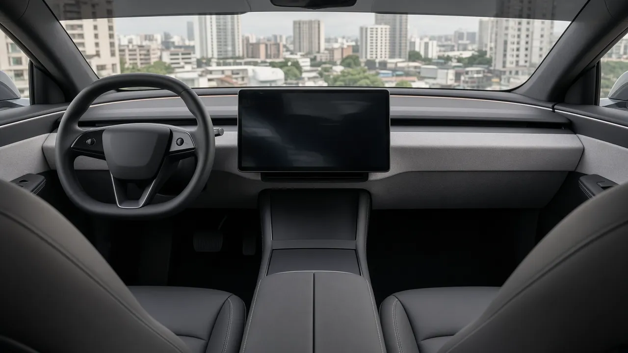A minimal car interior with a wide central screen and empty seats, and no readable logos