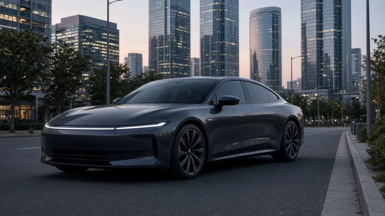 A dark grey fastback sedan parked on a city street at dusk, with no readable badges