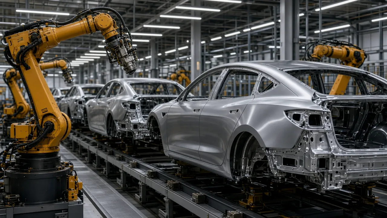 Unpainted sedan bodies on an assembly line with industrial robots, and no readable badges