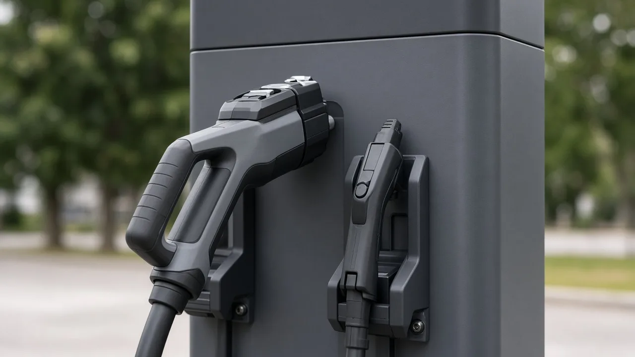 Two different charging connectors holstered side by side on a white pedestal, one smaller and rounder and one larger, with no readable logos