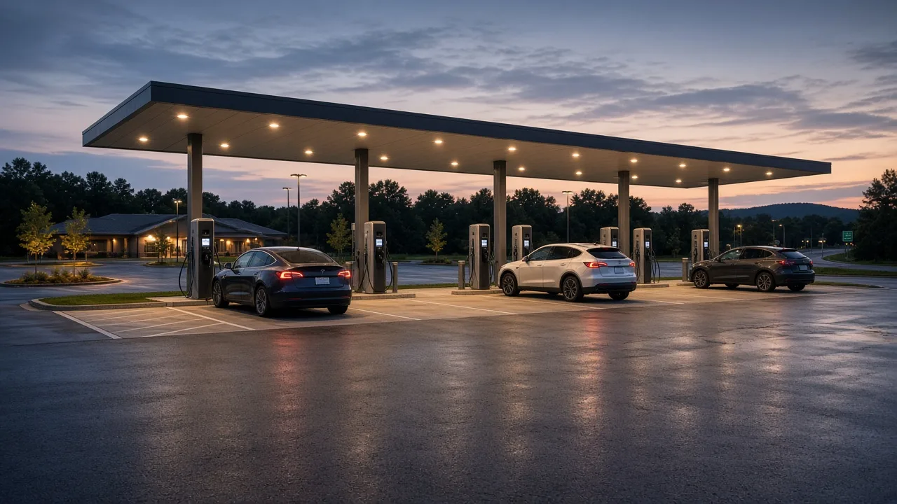 A highway fast-charging canopy with several stalls and a white crossover under the roof, in daylight, with no people and no readable network names