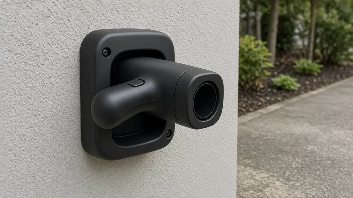 A black electric-vehicle charging connector in a wall holster beside a driveway, with no logos