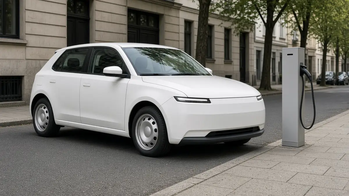 A plain white hatchback parked beside an unbranded curbside charger, with no badges and no people