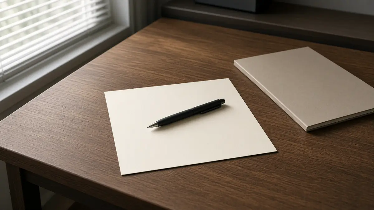 Blank paper, a pen, and a closed folder on a wooden desk, with no writing and no seals