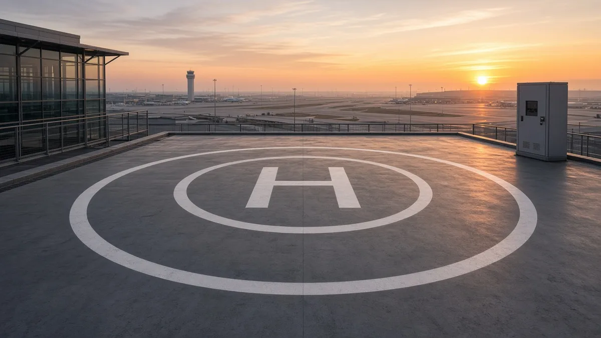 An empty rooftop landing pad with a white circle marking beside an airport terminal at sunrise, with a grey equipment cabinet at its edge and no aircraft