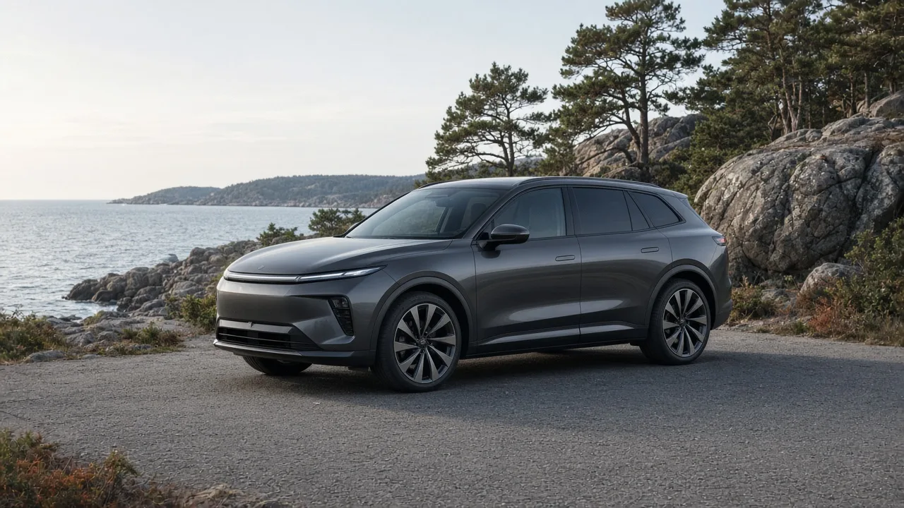 A dark SUV parked on a rocky shoreline with evergreen forest behind it, in flat coastal light, with no people and no readable badges