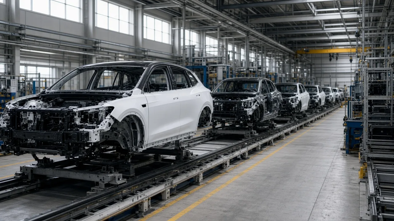 An assembly line with white car bodies and one worker in a high-visibility vest beside a chassis, in a brightly lit plant with no readable signs