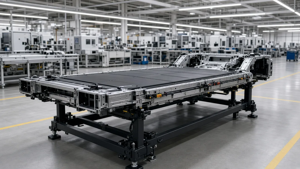 A bare vehicle chassis in a studio, with a flat battery pack standing in front of the floor opening, and no people or brand marks