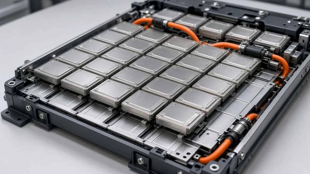 Rows of silver rectangular battery cells on a workbench, with a gloved hand and a small meter beside them