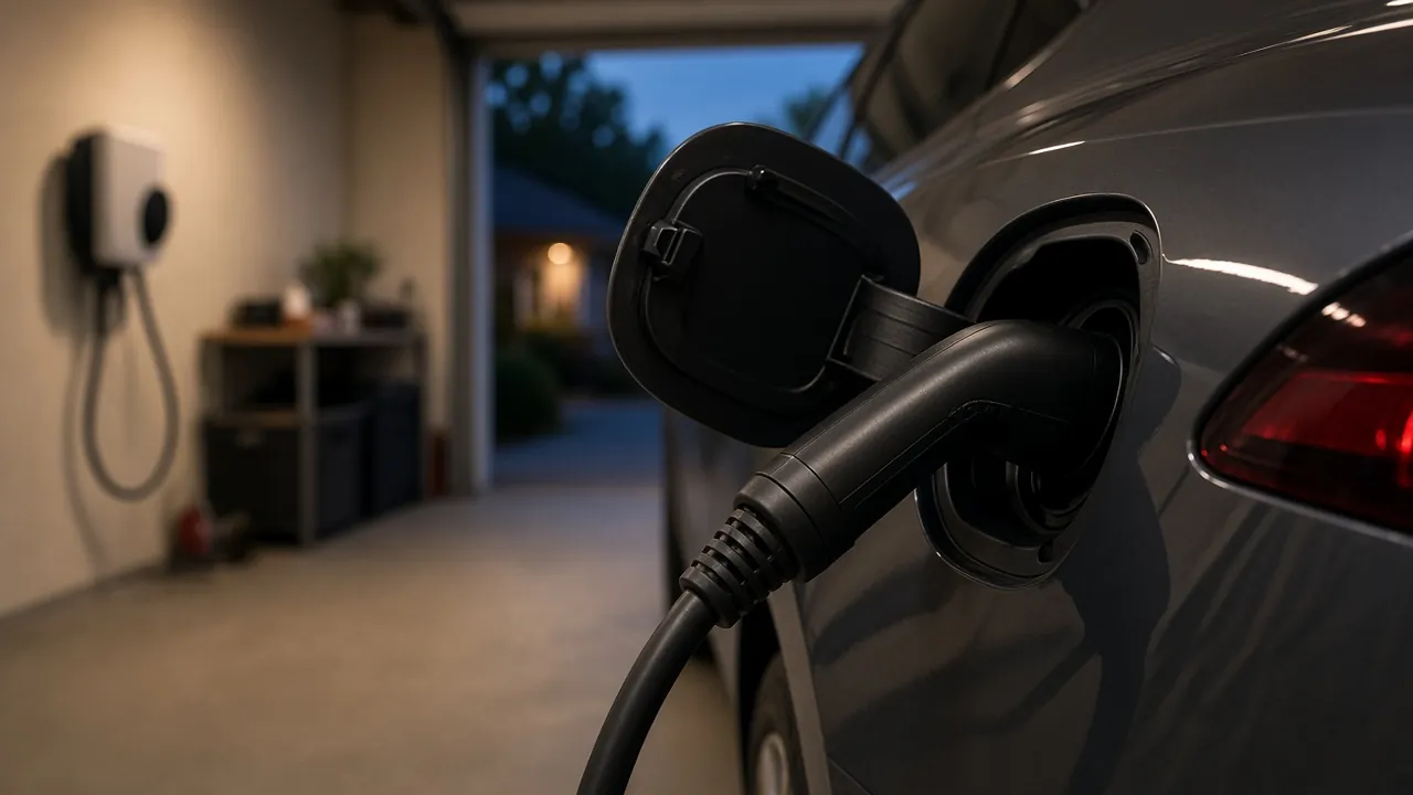 A hand holding a charging plug beside an open charging-port door on a dark car in a home garage