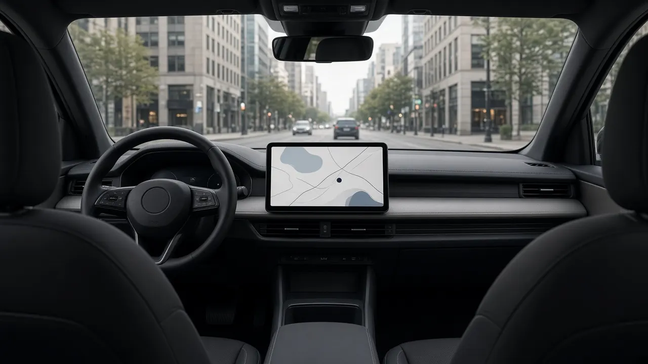Empty front seats in a minivan, with a wide screen showing a street map and no one at the wheel