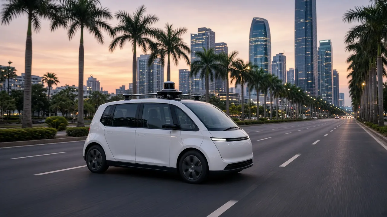 A white minivan with a roof sensor pod on a palm-lined boulevard at dusk, with empty lanes and no readable badges