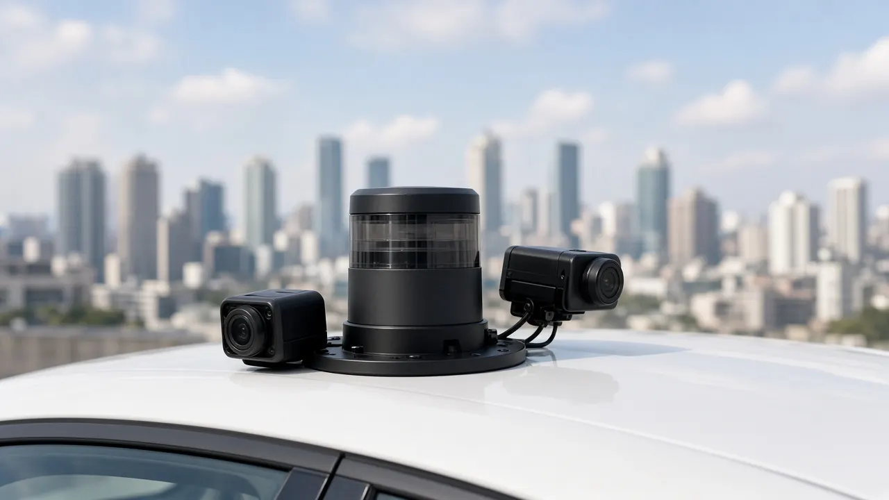 A roof sensor pod with several cameras on a white vehicle, seen from above against palm trees