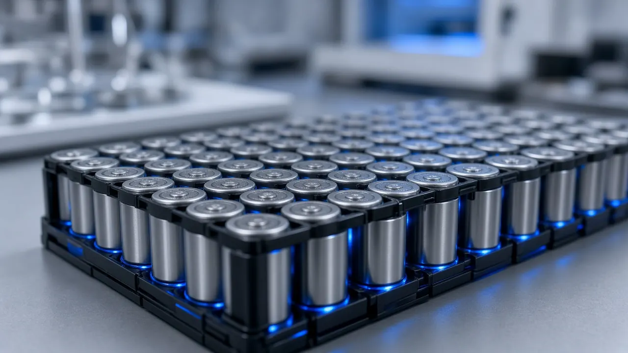 Rows of prismatic battery cells and modules on a dark workbench, with no people or brand names