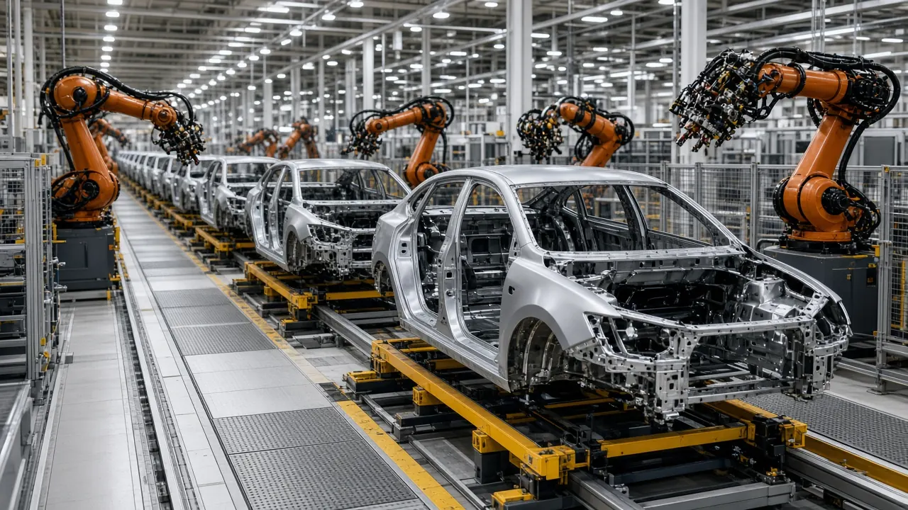 Robotic arms over a car chassis on an electric-vehicle assembly line, with no people in view